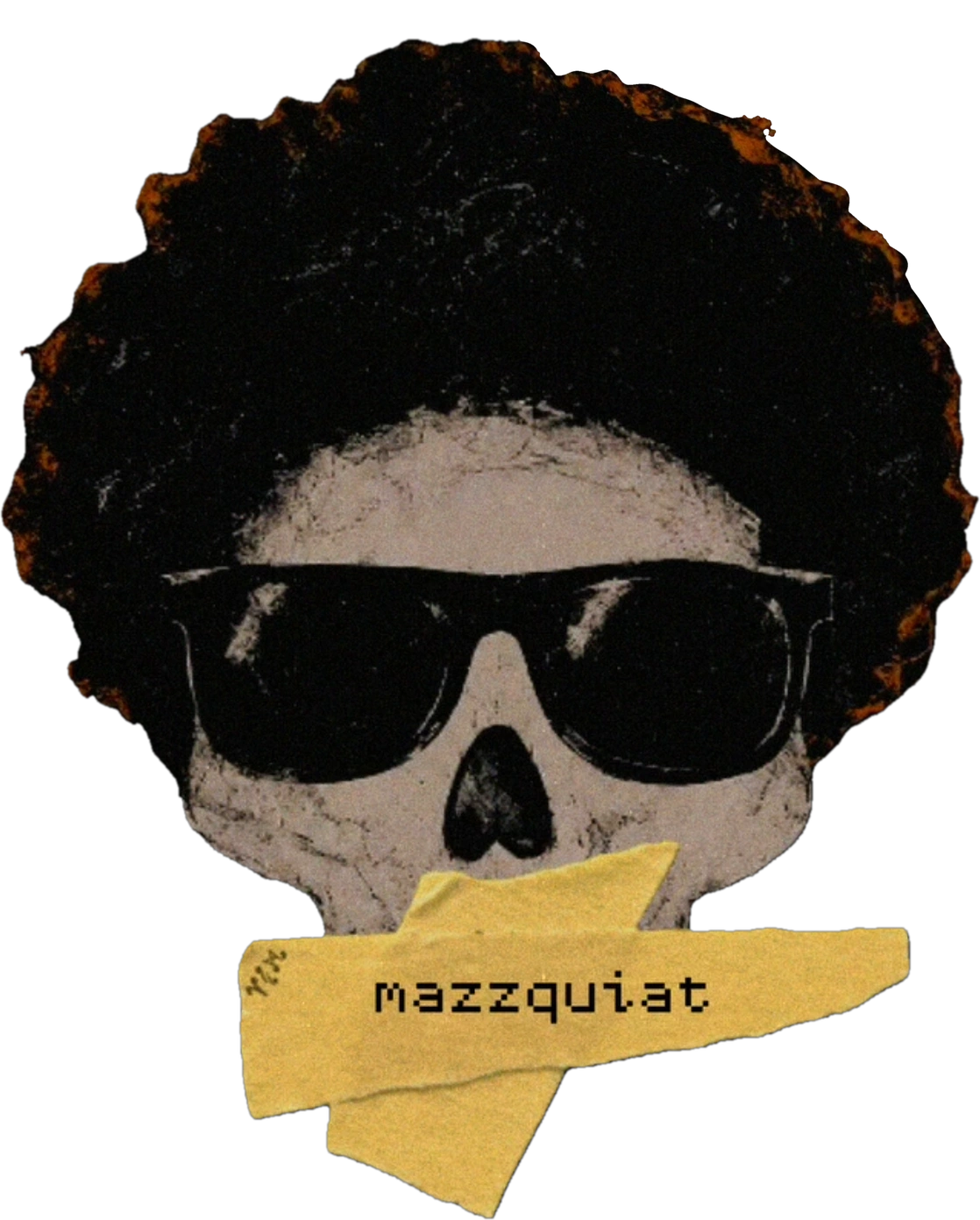 Collage skull with afro and sunglasses and yellow tape